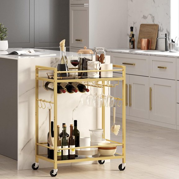 Bar Cart, Serving Cart for Home, Microwave Cart, Drink Cart, Mobile Kitchen Shelf with Wine Rack and Glass Holder, Rolling Beverage Cart