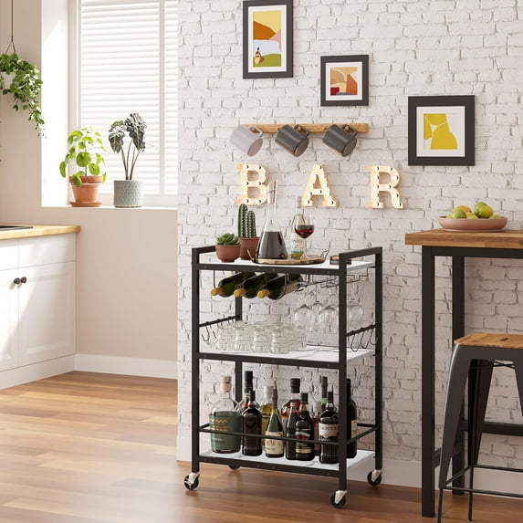 Bar Cart, Serving Cart for Home, Microwave Cart, Drink Cart, Mobile Kitchen Shelf with Wine Rack and Glass Holder, Rolling Beverage Cart