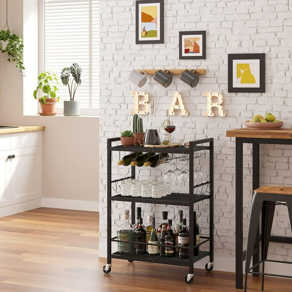 Bar Cart, Serving Cart for Home, Microwave Cart, Drink Cart, Mobile Kitchen Shelf with Wine Rack and Glass Holder, Rolling Beverage Cart