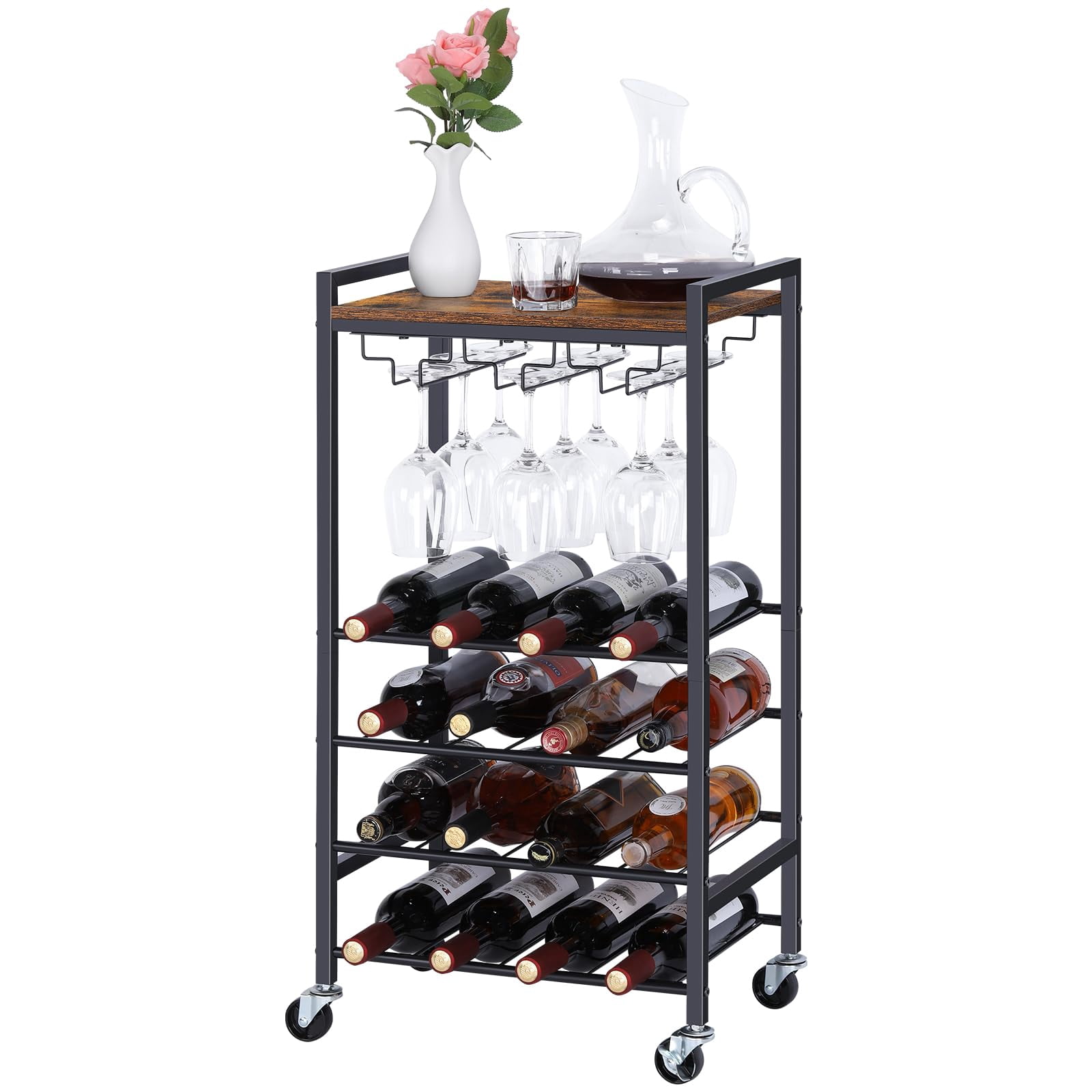 Bar Cart for The Home, Kitchen Cart with Wine Rack and Glass Holders, Serving Cart with Wheels, Rolling Coffee Cart for Bar, Kitchen, Living Room, Rustic Brown and Black