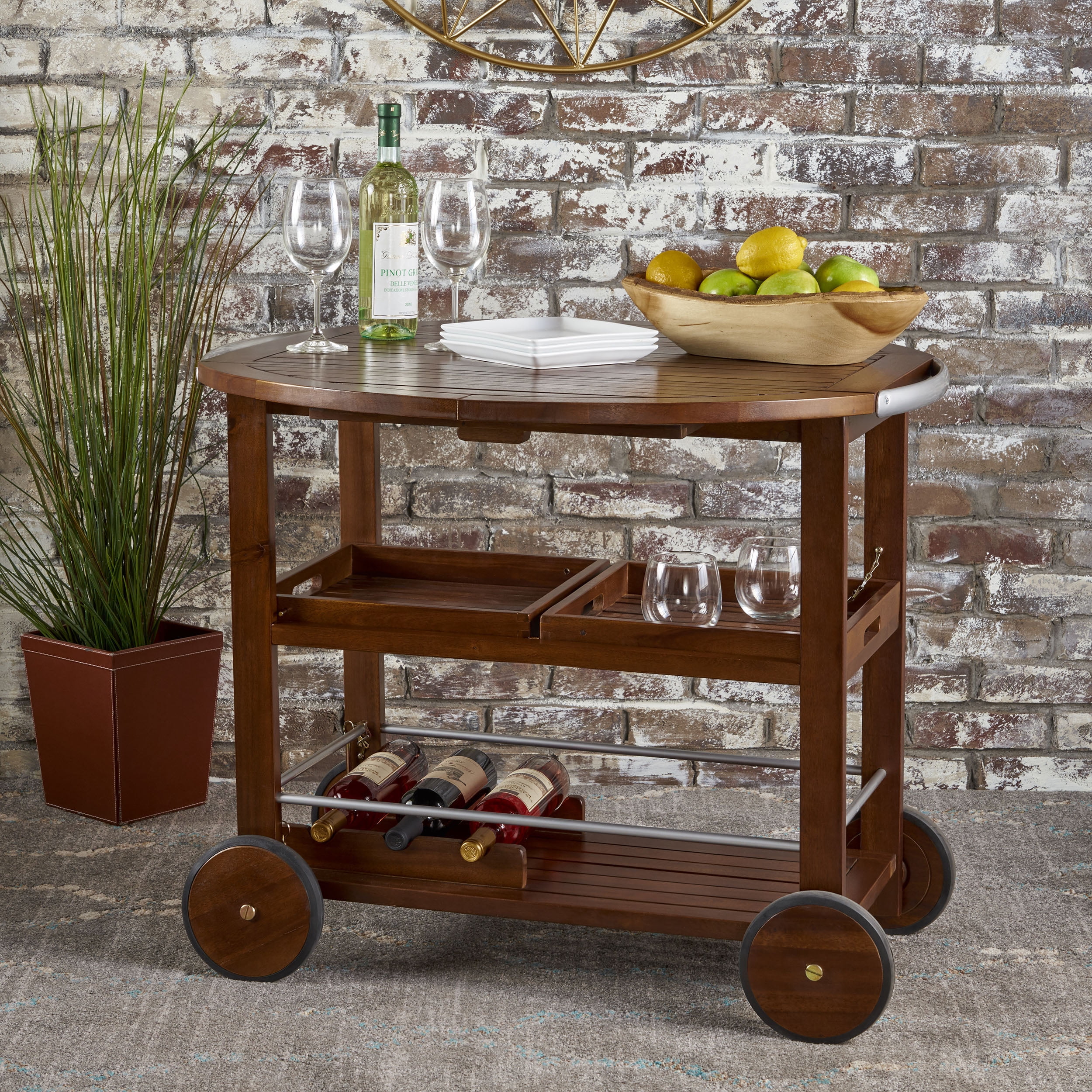 Bar Cart, Tillary Outdoor Aluminum Wood Drop Leaf Bar Cart