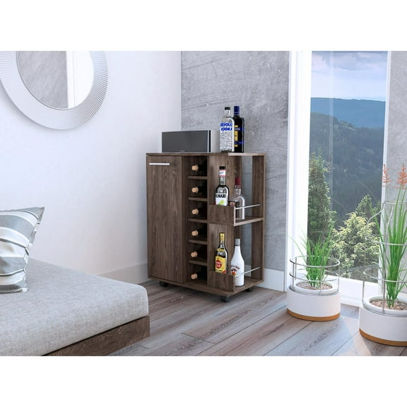 Bar Cart, Two External Shelves, Four Casters, Six Built-in Wine Rack, Single Door Cabinet Dark Walnut