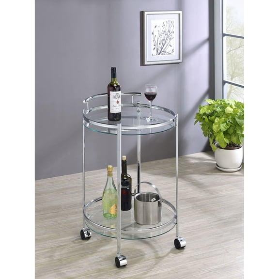Bar Cart with Two Tempered Glass Shelves and Chrome Metal Frame, Round Rolling Serving Cart with Lockable Casters for Dining Room and Kitchen, 31"H x 20.75"W x 20.75"D, Contemporary Style