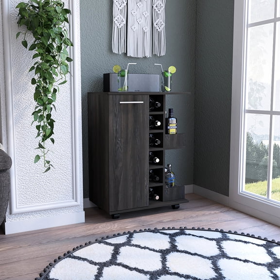 Bar Cart Wells In , 4 Lockable Wheels, 2 Rail Shelves For Bottles, 6 , Particle Board Material With Color, Detachable , 1 Cabinet Shelves, Bottle