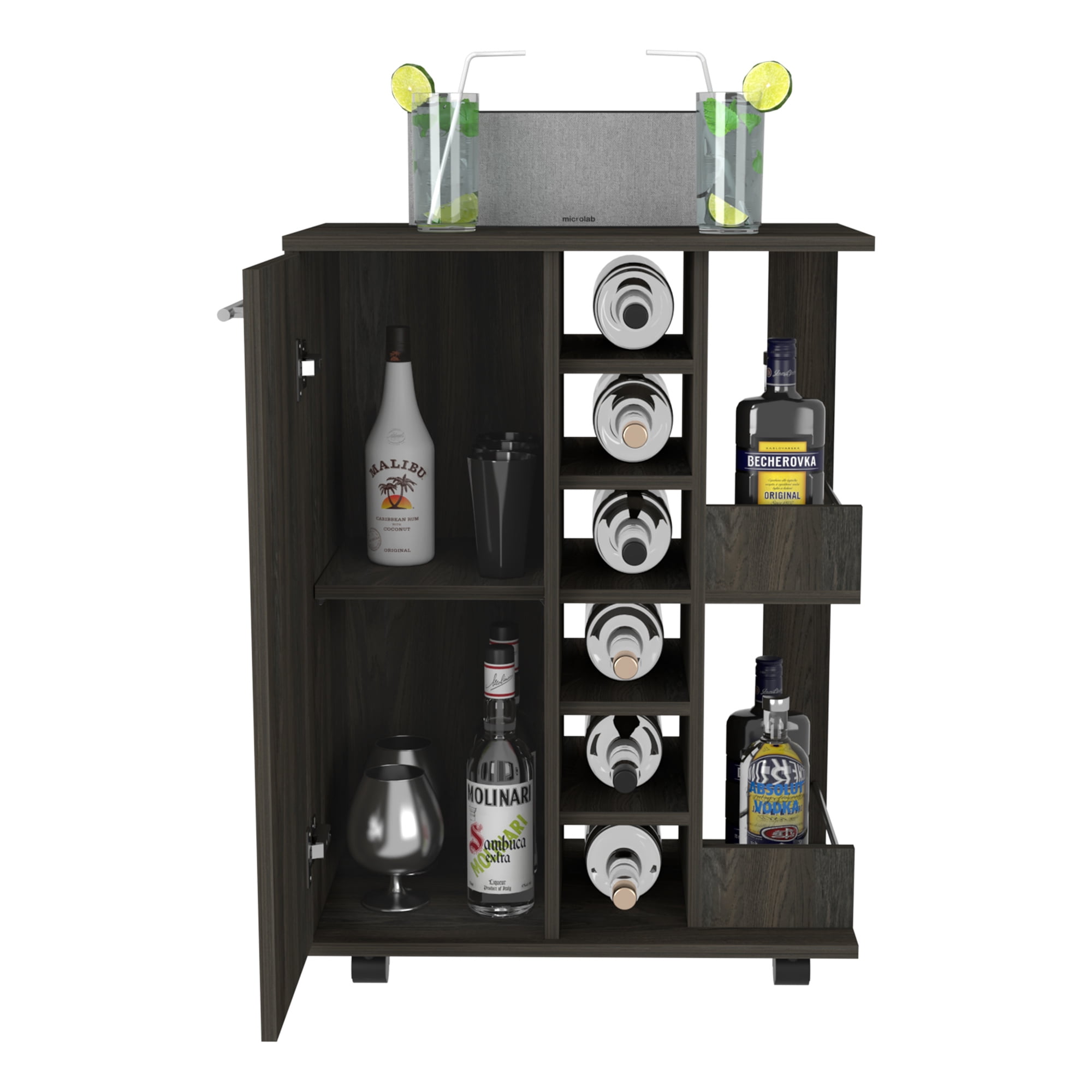 Bar Cart Wells with Storage Six Wine Cubbies and Four Casters 1 Door ...