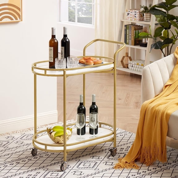 Bar Cart with Wheels, Easy Assembly Rolling Serving Bar Trolley with 2-Tier Shelves and Rotating Wheels for Home Kitchen Dining and Living Room (Gold & White)