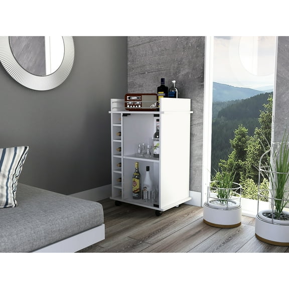 Bar Cart - White, Two Shelves And Six Wine Rack Slots, Four With Lock, Space Saving Furniture White Serving Cart, Interior Shelves, Liquor Bottles Storage, Contemporary Design