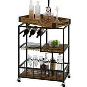 Bar Cart Wine Glass 3 with Basket Tier Home Rolling Rack with Wheels Mobile Kitchen Industrial Vintage Style Wood Metal Serving Trolley Serving Cart,Glass Holder Bar Cabinet