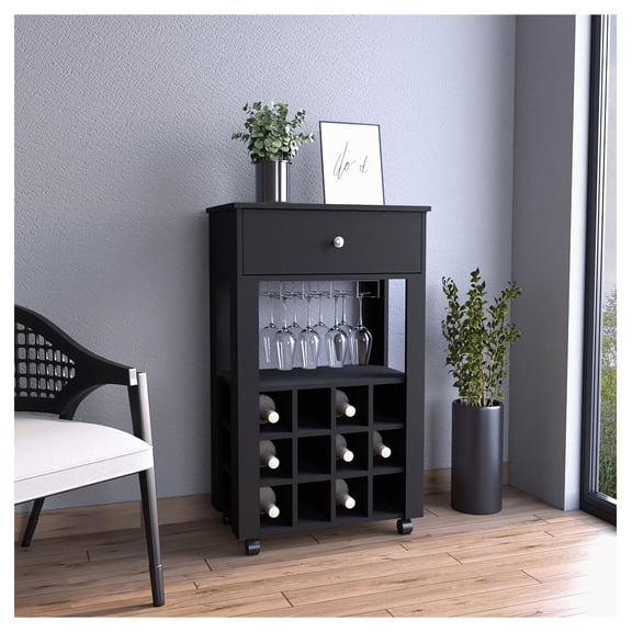 Bar Cart with Wine Rack, Black - Mobile Serving Cart for Home Bar, Living Room, Kitchen; 12 Bottle Capacity, Open Shelf, Stemware Holder & Storage Drawer
