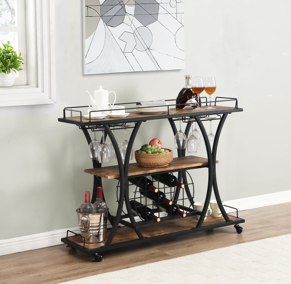 Bar Cart with Wine Rack & Glass Holders, Mobile Serving Cart 3 Tier
