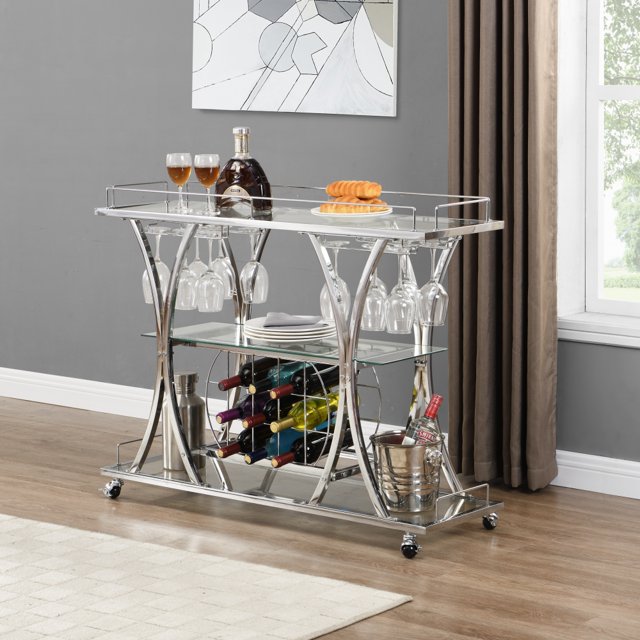 Bar Cart with Wine Rack & Glass Holders, Mobile Serving Cart 3 Tier
