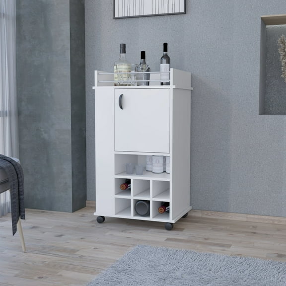 Bar Cart With 6 Wine - White, 2 Side Shelves, , Spacious Storage Cabinet White Built-in , Versatile Socializing