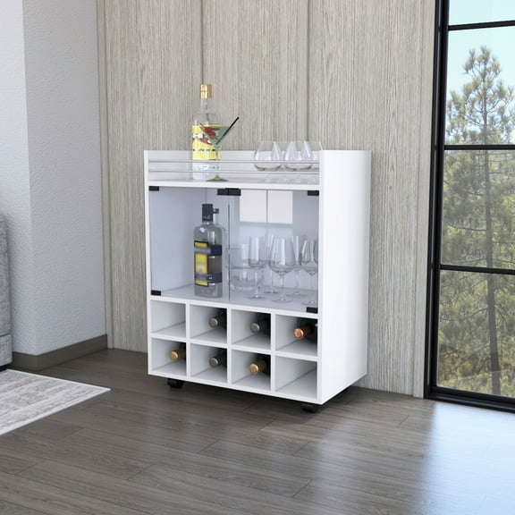 Bar Cart With 8 Storage, Elegant Glass Enclosed Cabinet, Aluminum Top For Home Bars Storage Rack, Double Door Aluminum-topped Modern