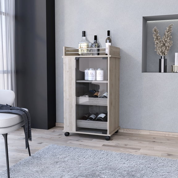 Bar Cart With , Grey Finish, 2 Shelf, Glass Door For Party Drink Preparation Stylish In Grey, Shelf Tools Organization Area