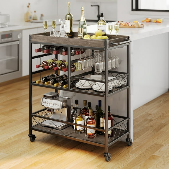 Bar Cart for The Home, 3 Tier Rolling Serving Cart on Lockable Wheels, Beverage cart with Removable Top Tray, Gray