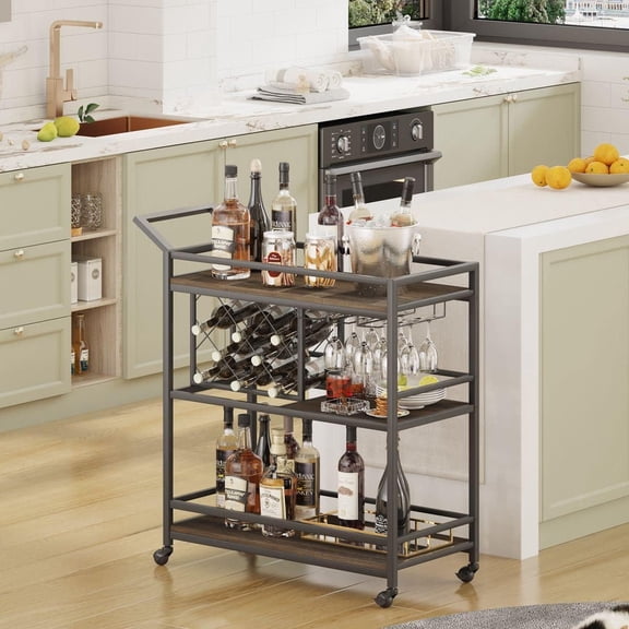 Bar Cart for The Home with Wine Rack and Glasses Holder, Small Home Bar Serving Cart on Wheels for Liquor and Alcohol (Walnut Brown)