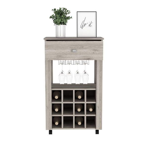 Bar Cart for Wine | Holds Twelve Bottles in Cubbies and Has an Open Shelf | Light Gray Particle Board Design | Overcomes Small Wine Storage Areas