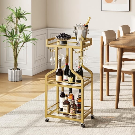 Bar Cart with 3-Tier Shelf, Gold Metal Frame Rolling Beverage Serving Cart for Kitchen Dining Room
