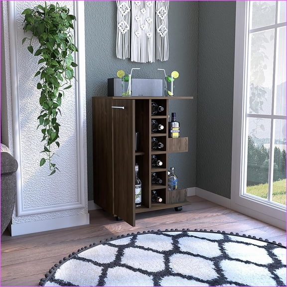 Bar Cart with Enclosed Cabinet, Open Shelves & Cubbies, Dark Walnut | Walnut | Particle Board