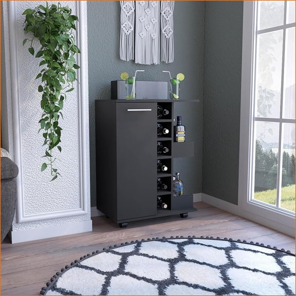 Bar Cart with 6 Wine Cubbies, 2 Open Shelves, Single Door Cabinet - Black | Modern | Medium (40-55in)