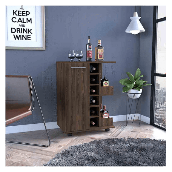 Bar Cart with Storage, Dark Walnut - Rolling Serving Cart with Cabinet & Shelves