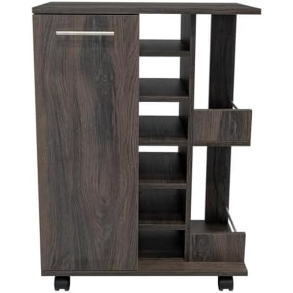 Bar Cart with Two External Shelves, Four Casters, Six Built-in Wine Rack, Single Door Cabinet, Modern Design for Home Bar or Living Room$$Furniture