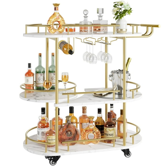 Bar Cart with Wheels, 3-Tier Serving Cart with Wine Rack and Glass Holder, Rolling Beverage Cart for Living Room, Kitchen, Dining Room