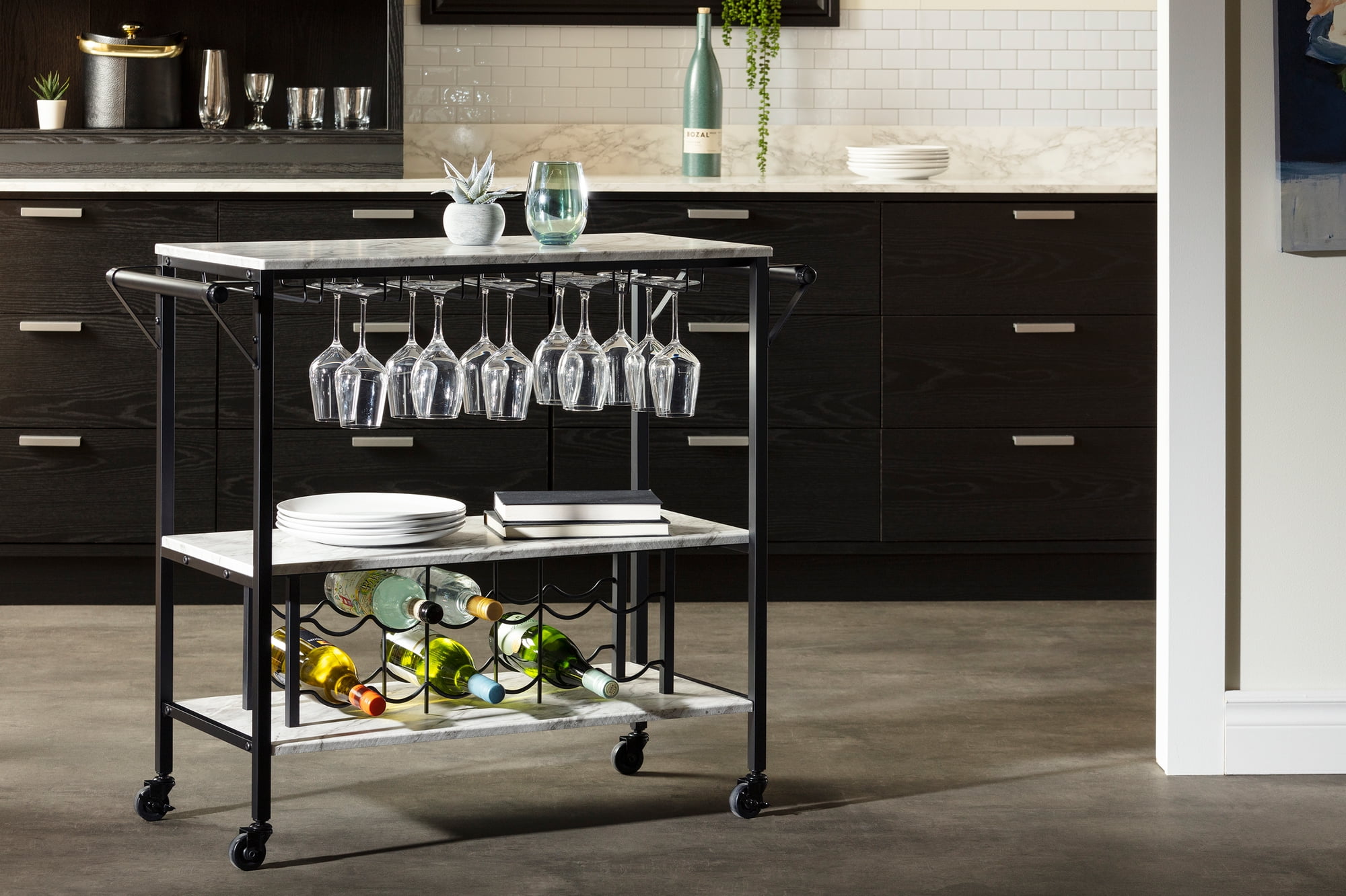 Black Faux Marble Rectangular Bar Cart with Wine Rack