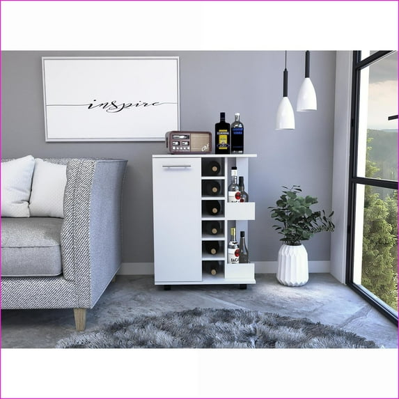 Bar Cart with 2 Open Shelves, 6 Wine Cubbies, Locking Casters, Cabinet - White | Modern | Particle Board