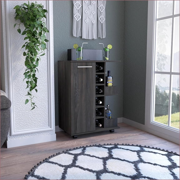 Bar Cart with Wine Rack, Cabinet, Open Shelves & Locking Casters - Dark Brown | Particle Board | Primary Living Space