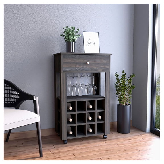Bar Cart with Wine Rack, Espresso Bar Serving Trolley for Home, 12 Bottle Capacity, Mobile Bar with Drawer & Shelf, Living Room Dining Room
