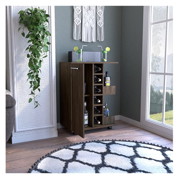 Bar Cart with Wine Storage - Dark Walnut Finish, Four Casters - Home Bar Cabinet with Enclosed Storage & Open Shelves