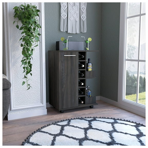 Bar Cart with Wine Storage, Espresso Finish - Rolling Kitchen Island with Cabinet & Open Shelves