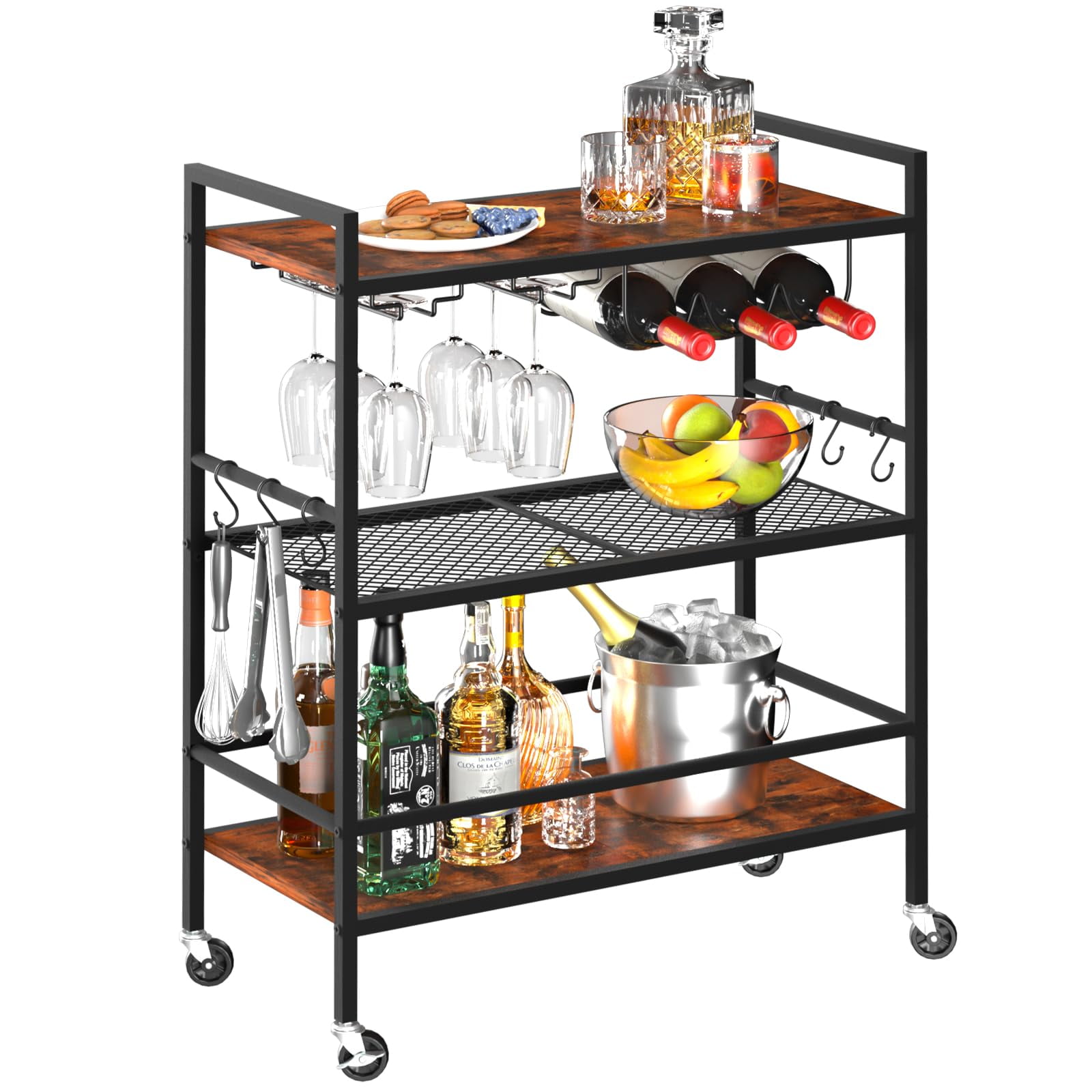 Bar Carts for The Home, 3Tier Rolling Kitchen Cart with Wine Rack and Wheels, Home Bar Serving