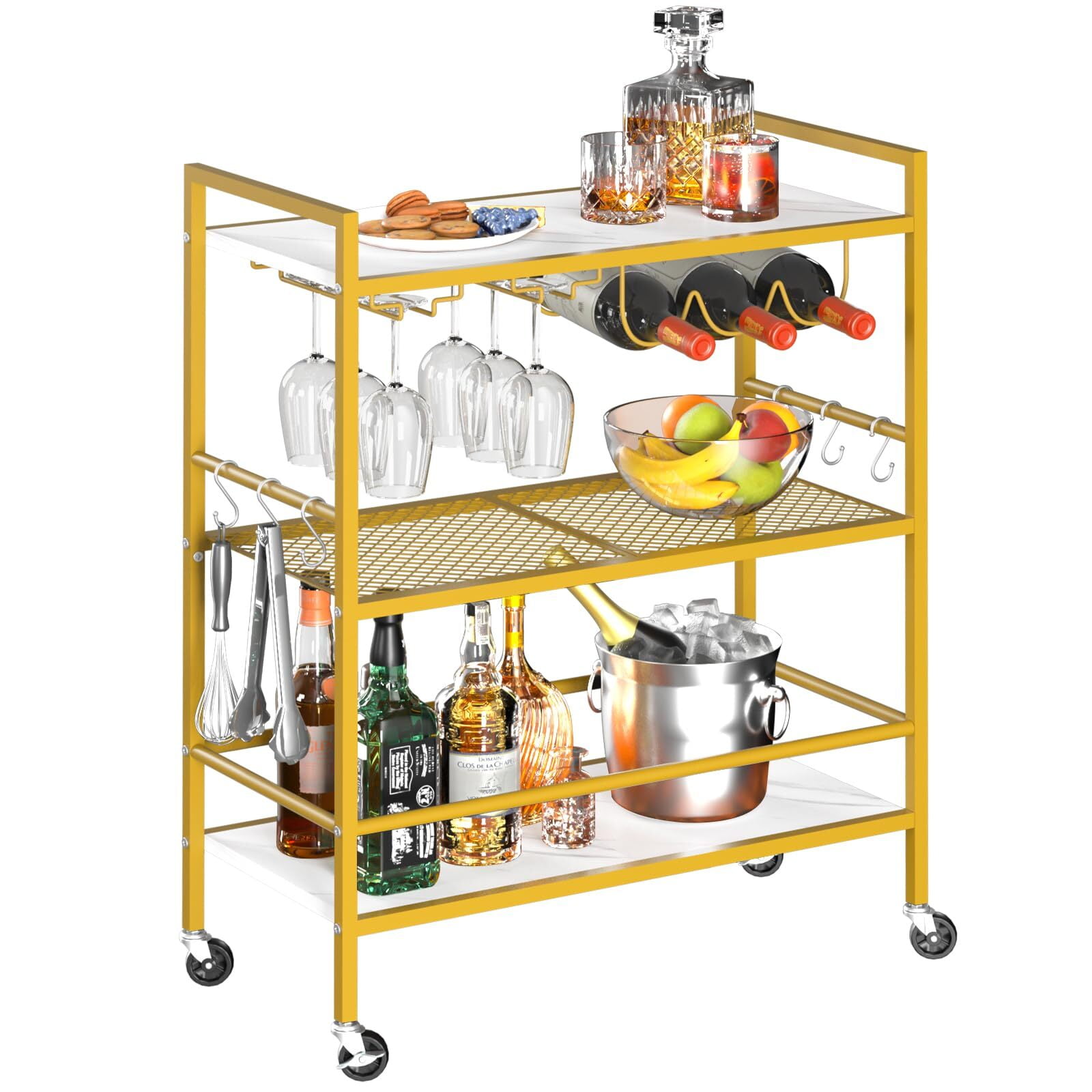 Bar Carts for The Home, 3Tier Rolling Kitchen Cart with Wine Rack and Wheels, Home Bar Serving