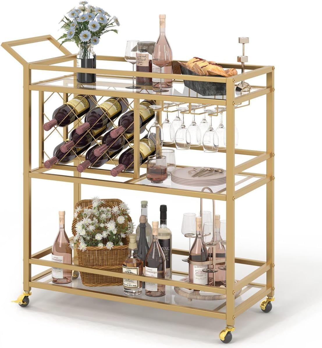 Bar Carts for The Home with Wine Rack and Glasses Holder, Home Bar Serving Carts on Wheels for