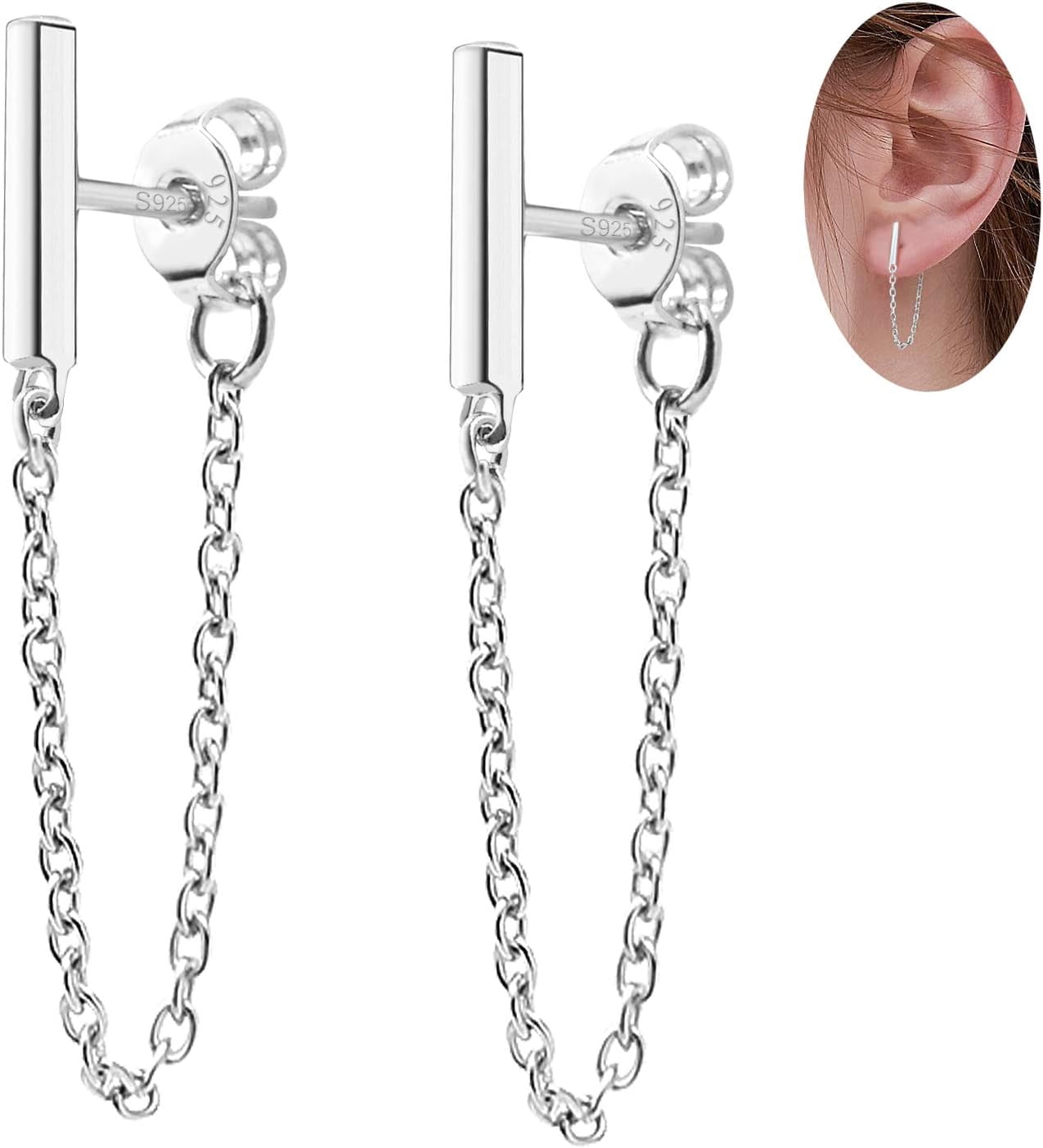 Bar Chain Pro Earrings - Sterling Silver hypoallergenic skin-friendly Bar Stud Earrings Dangle Earrings Minimalist Drop Earrings Threader Earrings Piercing Jewelry Gifts for Women[y377]