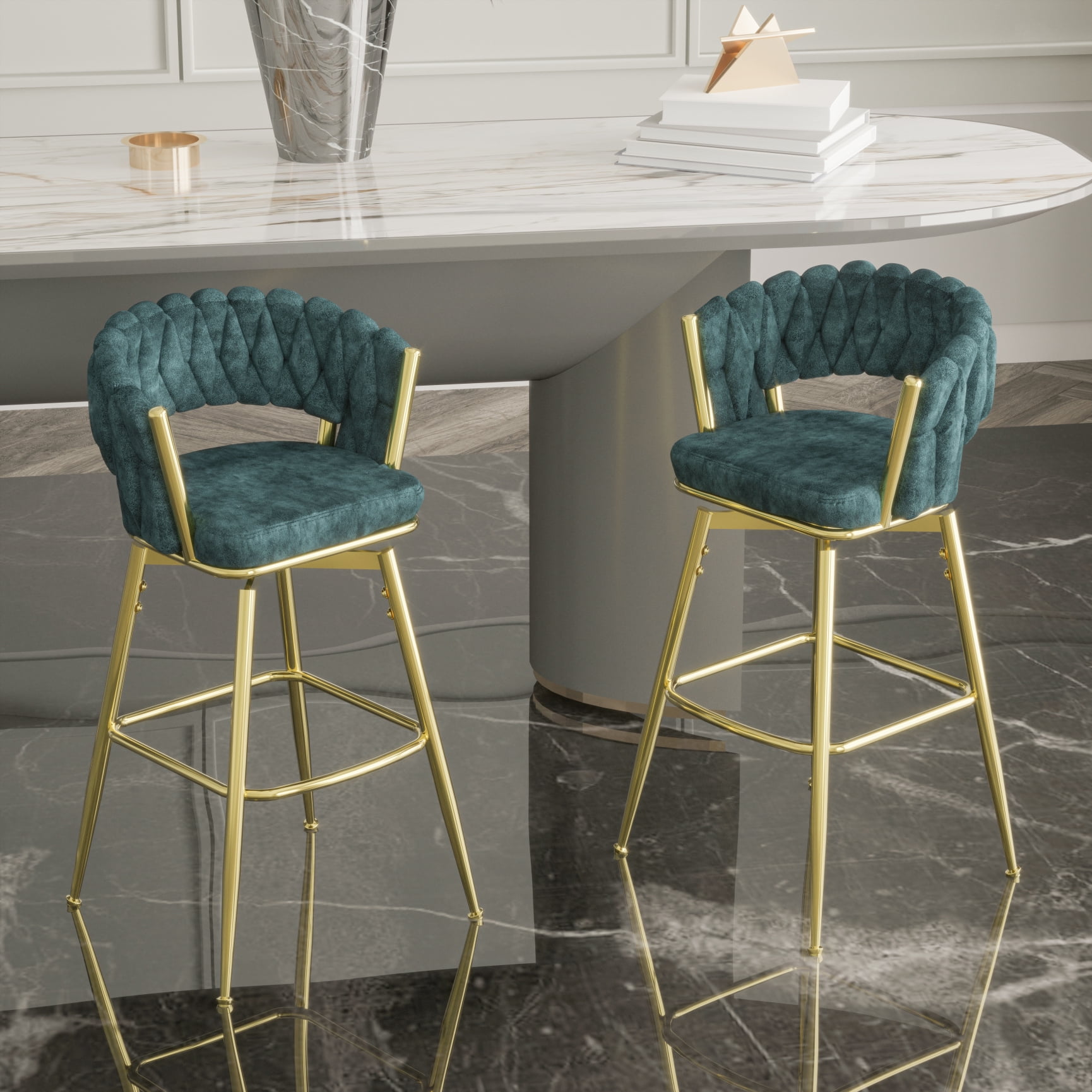 Bar Chair Set, Velvet 360 Swivel Kitchen Island Set of 2 with Golden ...