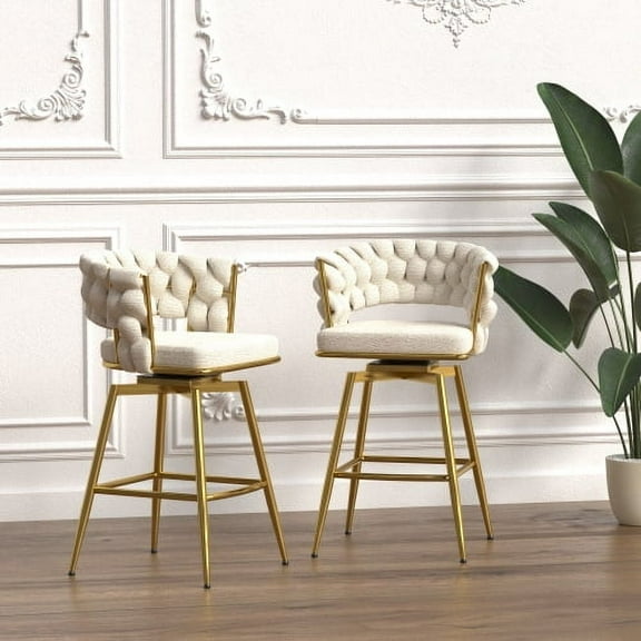 Bar Chair Toweling Woven Bar Stool Set of 2,Golden legs Barstools No Adjustable Kitchen Island Chairs,360 Swivel Bar Stools Upholstered Counter Stool Arm Chairs with Back Footrest, (White)