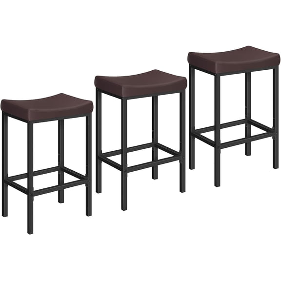 Bar Chairs, Set of 3 Counter Height Saddle Stools with Curved Surface, 24.8 Inches, 2.4" Thick Upholstery, for Kitchen and Dining Room, Brown and Black BC10BYP301