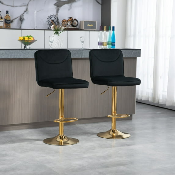 Bar Chairs with Footrest Set of 2, Velvet Height Adjustable Bar Stools with Metal Base for Home/Kitchen Island/Breakfast Bar/Restaurant, Black