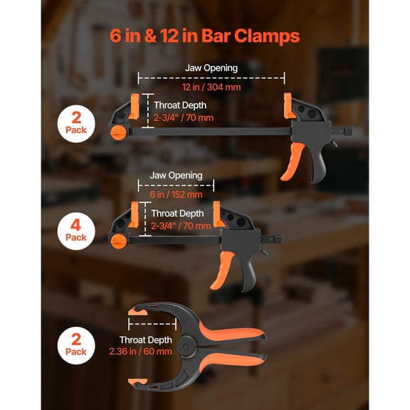 Bar Clamps for Woodworking, 8-Pack, 6" and 12", with Spring Clamps, One-Handed Clamp/Spreader, 154 lbs Load Limit, Quick Release, Self-Locking Design, for Wood Working and Metal Working