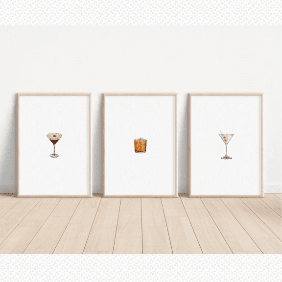 Bar Cocktail Martini Poster Set 3 Prints Set 3 , Stretched Canvas 12x18