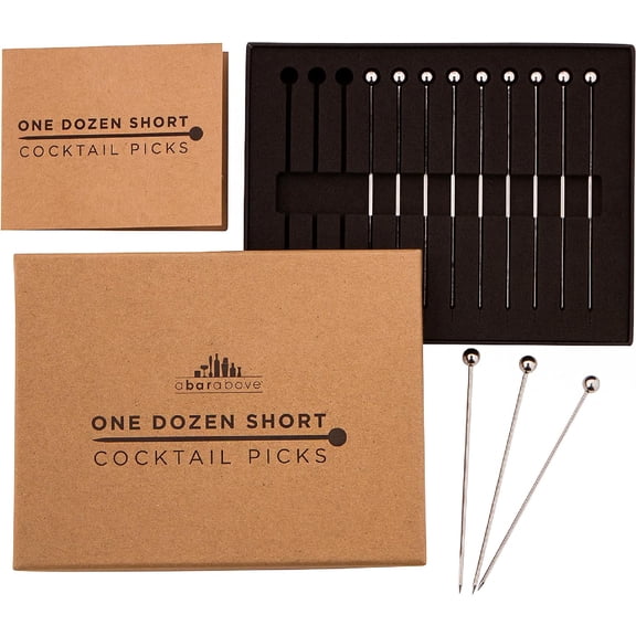 A Bar Above Cocktail Picks, 12 Short 4-Inch Stainless Steel Pick Set for Drinks and Appetizers, Reusable Stirrers Martinis, Shrimp More, Accessories, Silver