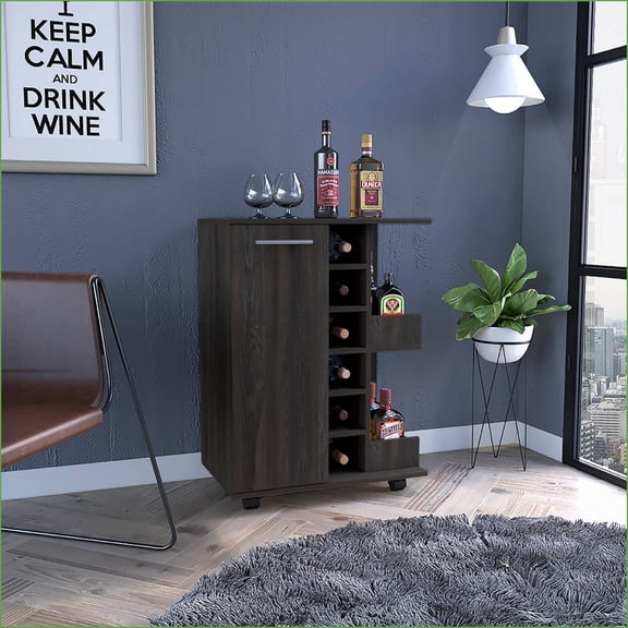 Bar Coffee Cart | 32 H Carbon Espresso | Cabinet Storage, 4 Locking Wheels, 6-Bottle Cubby | Dark Brown | Particle Board