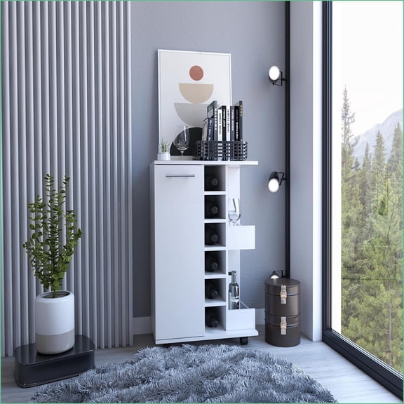 Bar Coffee Cart 32"H White with Cabinet Storage, 6 Bottle Cubbies, Locking Wheels | White | Particle Board