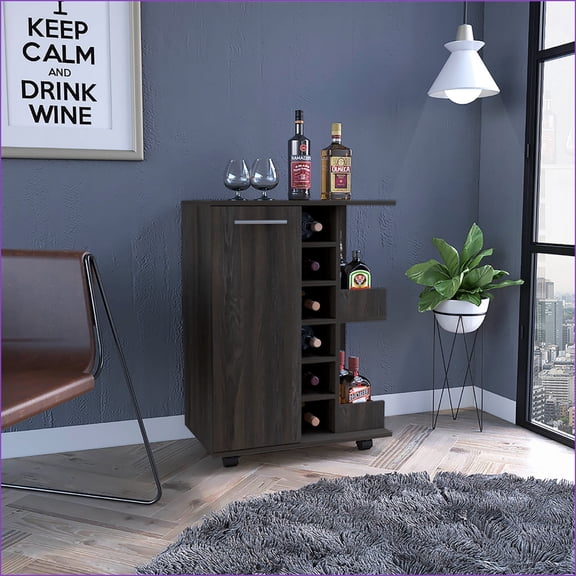 Bar Coffee Cart 32"H Carbon Espresso with Cabinet Storage, 6 Bottle Cubbies, 4 Locking Wheels | Brown | Particle Board