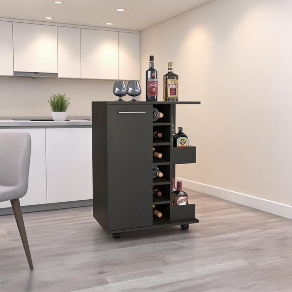 Bar-Coffee Cart with Enclosed Cabinet and Bottle Rack, Jet Black Particle Board, 32-Inch Height, Rolling Kitchen Island