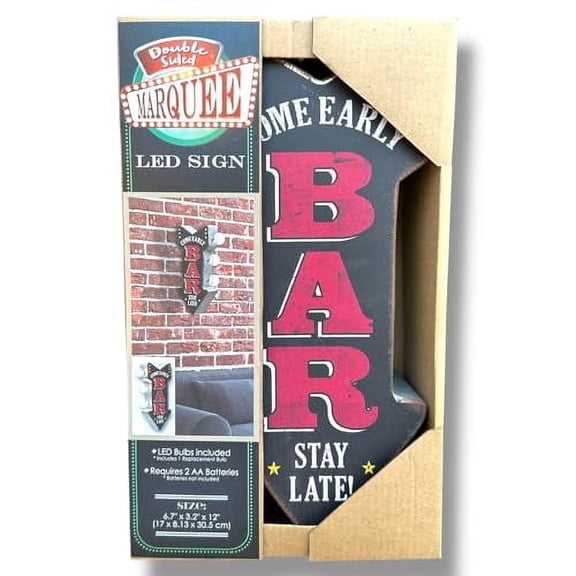 Bar "Come Early Stay Late!" Vintage Inspired Double-Sided Marquee LED Sign Retro Wall Decor for the Home, Game Room, Bar, Man Cave, or Bedroom (12" x 5.25")