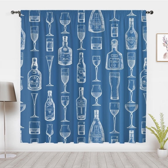 Bar Decoration Art Curtains, Blue Whiskey Wine Glass Window Treatments Panel Pair Blackout Curtains, For Home Bedroom Dorm Privacy Decor(Rod Pocket)